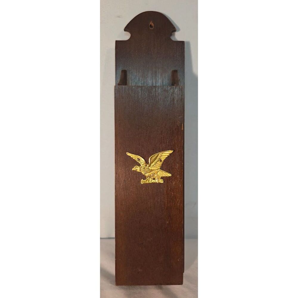 Vintage Wood Wall Match Holder Brass Eagle Long Matches Dispenser